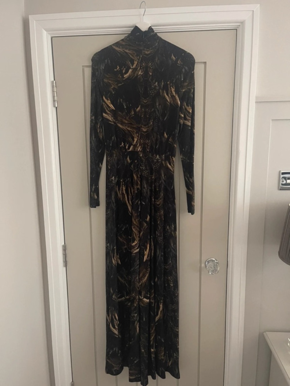 AllSaints Black Maxi Dress with Gold Swirl Print